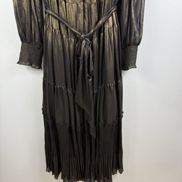 Smocked Tiered Alex Marie Gold Metallic High Neck Maxi Dress Size 10 Holiday - Picture 13 of 16